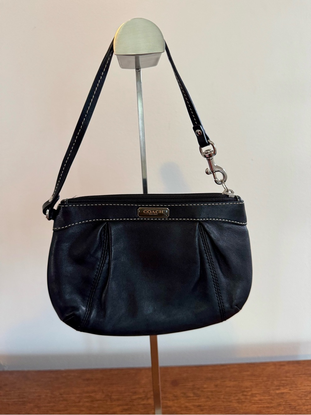 Coach Black Pleated Leather Wristlet w/Silver Hardware